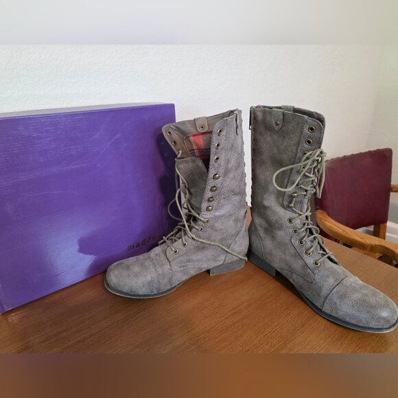 Madden Girl Galeriaa Brown Pari Gray Faux Leather Lace-Up Boots Plaid Lining 10M - Picture 8 of 9